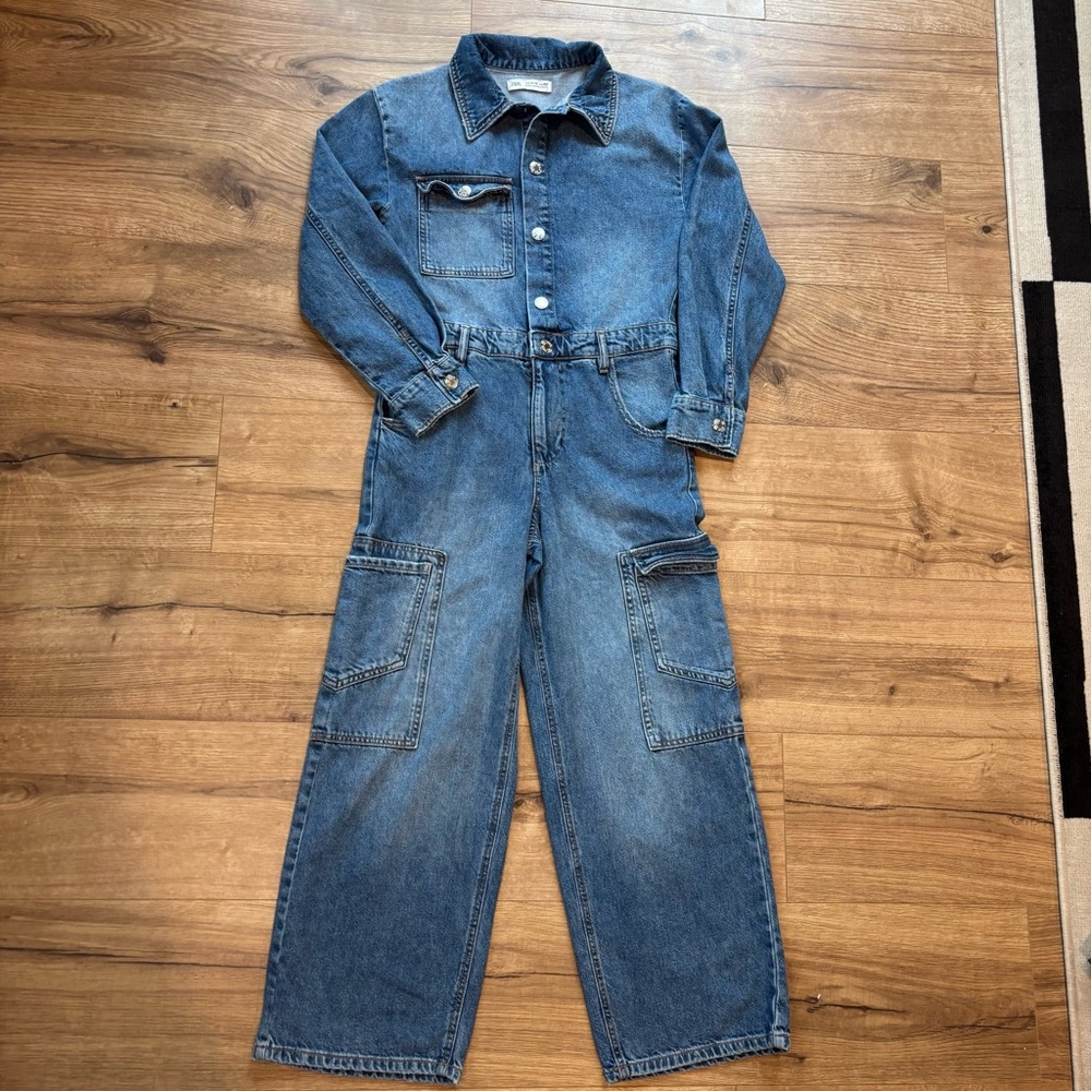 Zara Kids Blue Denim Utility Long Sleeve Jumpsuit Wide Leg Girl Size 11-12
